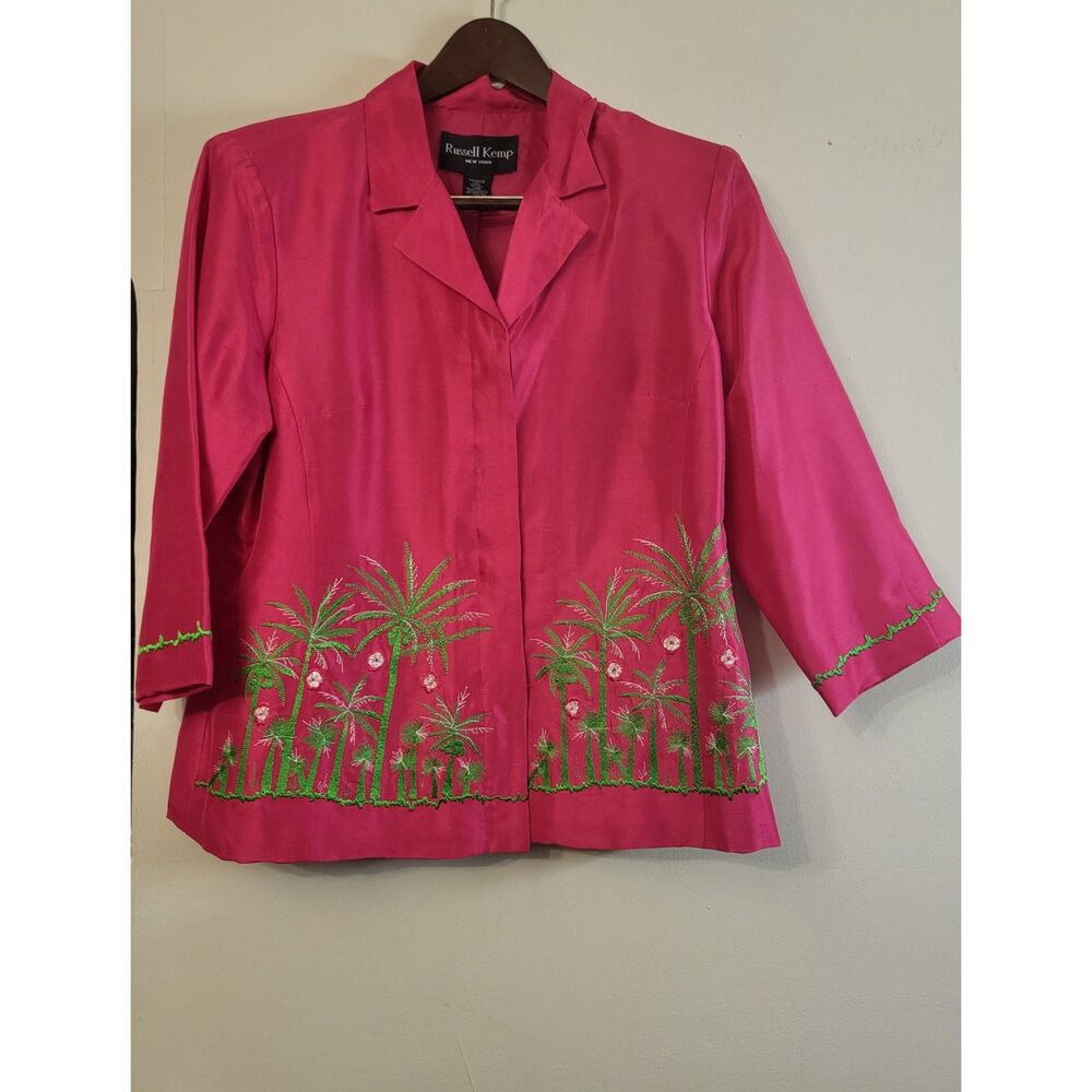 VINTAGE RUSSELL KEMP NEW YORK 100% SILK‎ FUCHSIA PALM TREE TROPICAL BLAZER Sz 10